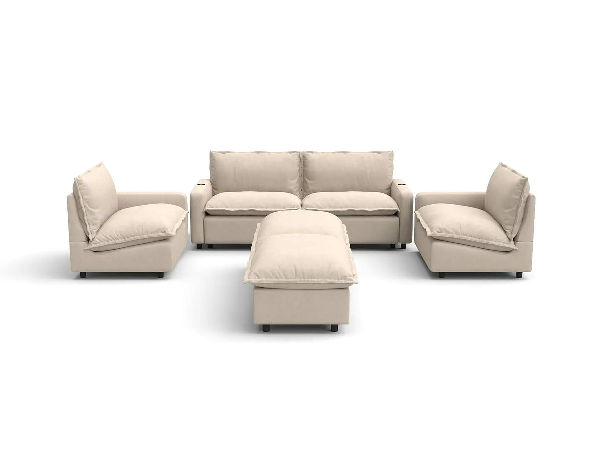 Modular Cero Reclining Sectionals | 6-Piece Beige Linen Large Space U-Shaped Sectionals 4-Seater with 2-Ottomans