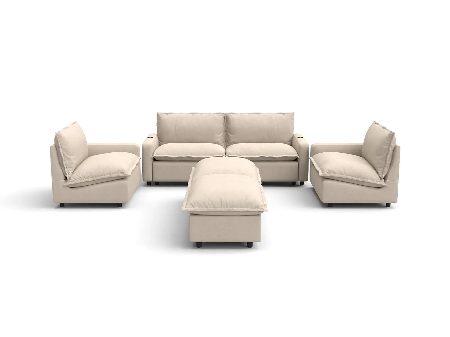 Modular Cero Reclining Sectionals | 6-Piece Beige Linen Large Space U-Shaped Sectionals 4-Seater with 2-Ottomans