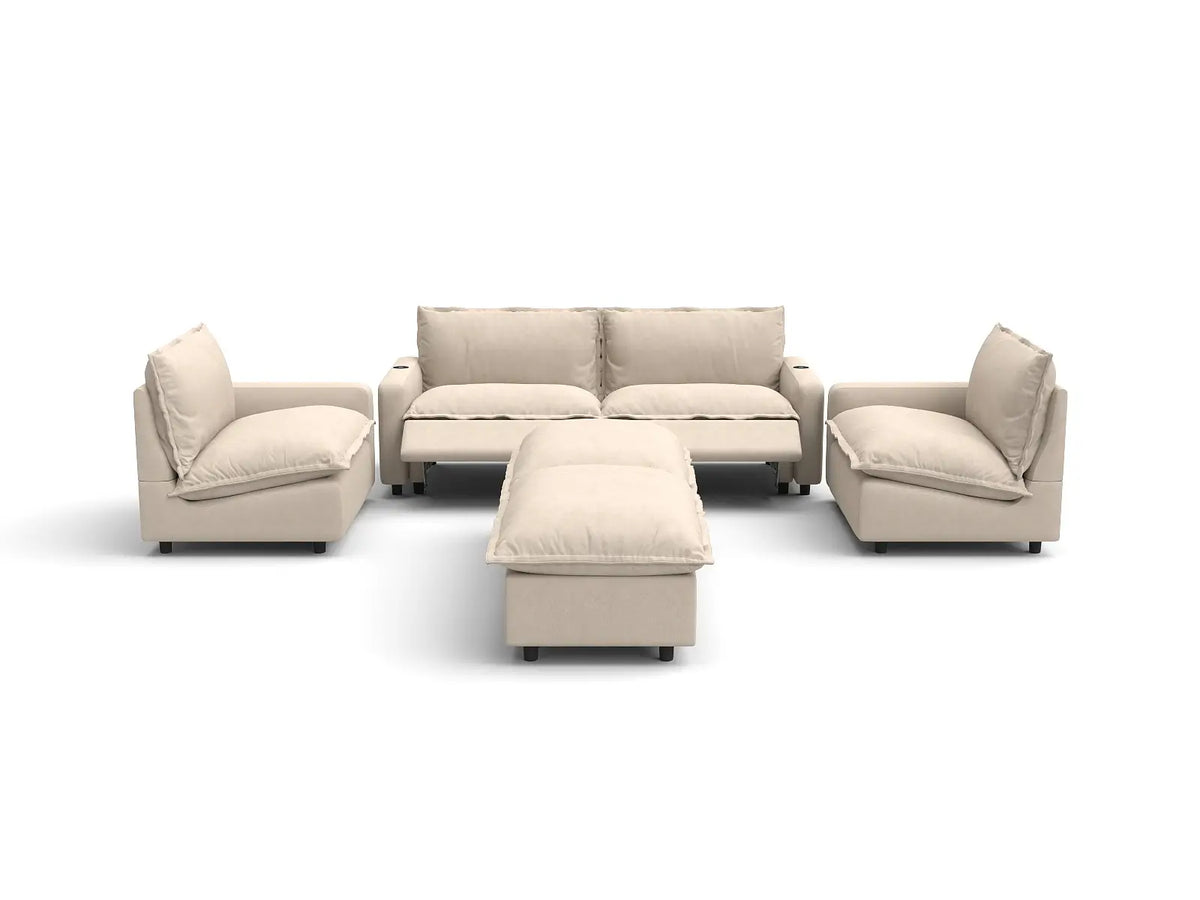 Modular Cero Reclining Sectionals | 6-Piece Beige Linen Large Space U-Shaped Sectionals 4-Seater with 2-Ottomans