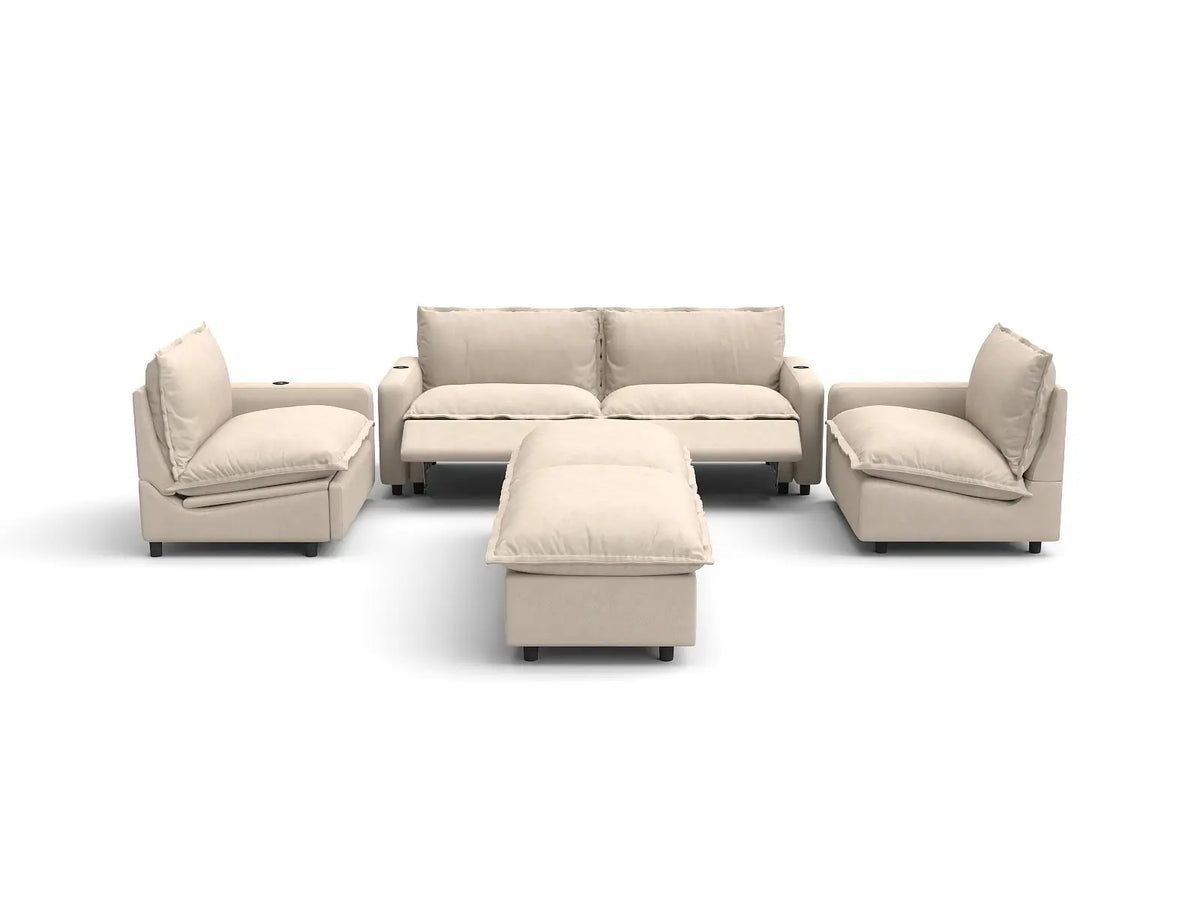 Modular Cero Reclining Sectionals | 6-Piece Beige Linen Large Space U-Shaped Sectionals 4-Seater with 2-Ottomans