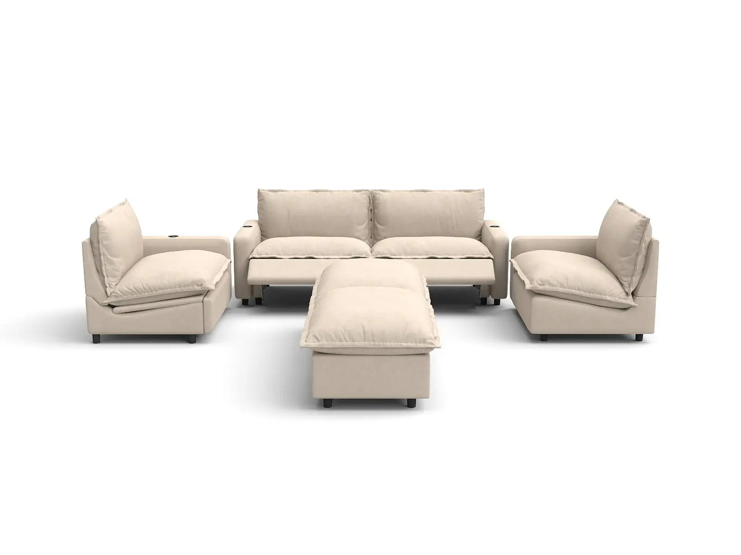 Modular Cero Reclining Sectionals | 6-Piece Beige Linen Large Space U-Shaped Sectionals 4-Seater with 2-Ottomans