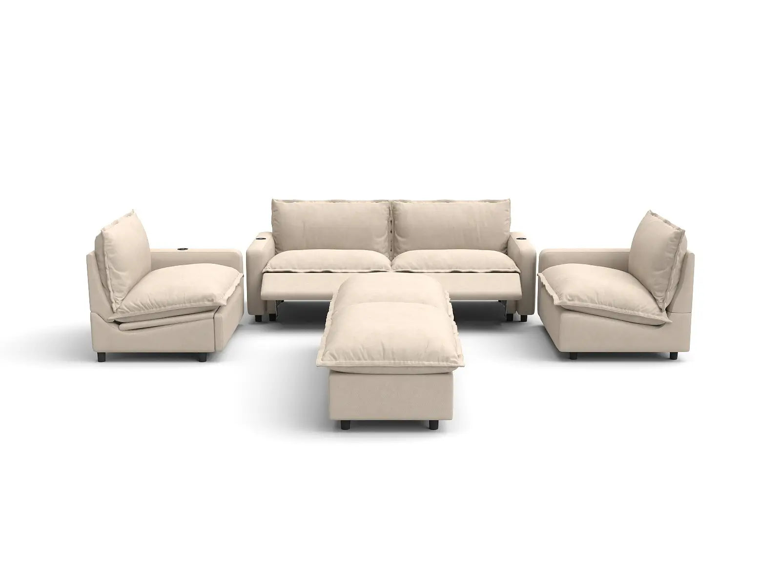 Modular Cero Reclining Sectional with Chaise | 6-Piece Beige Linen Large Space U-Shaped Sectionals 4-Seater with 2-Ottomans