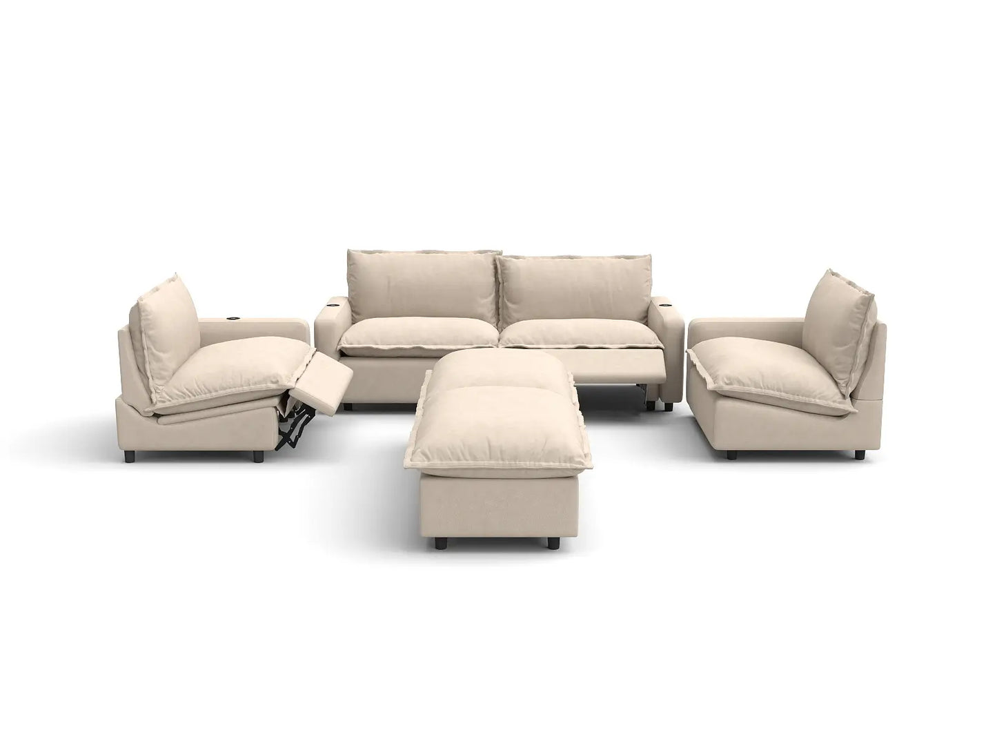 Modular Cero Reclining Sectionals | 6-Piece Beige Linen Large Space U-Shaped Sectionals 4-Seater with 2-Ottomans