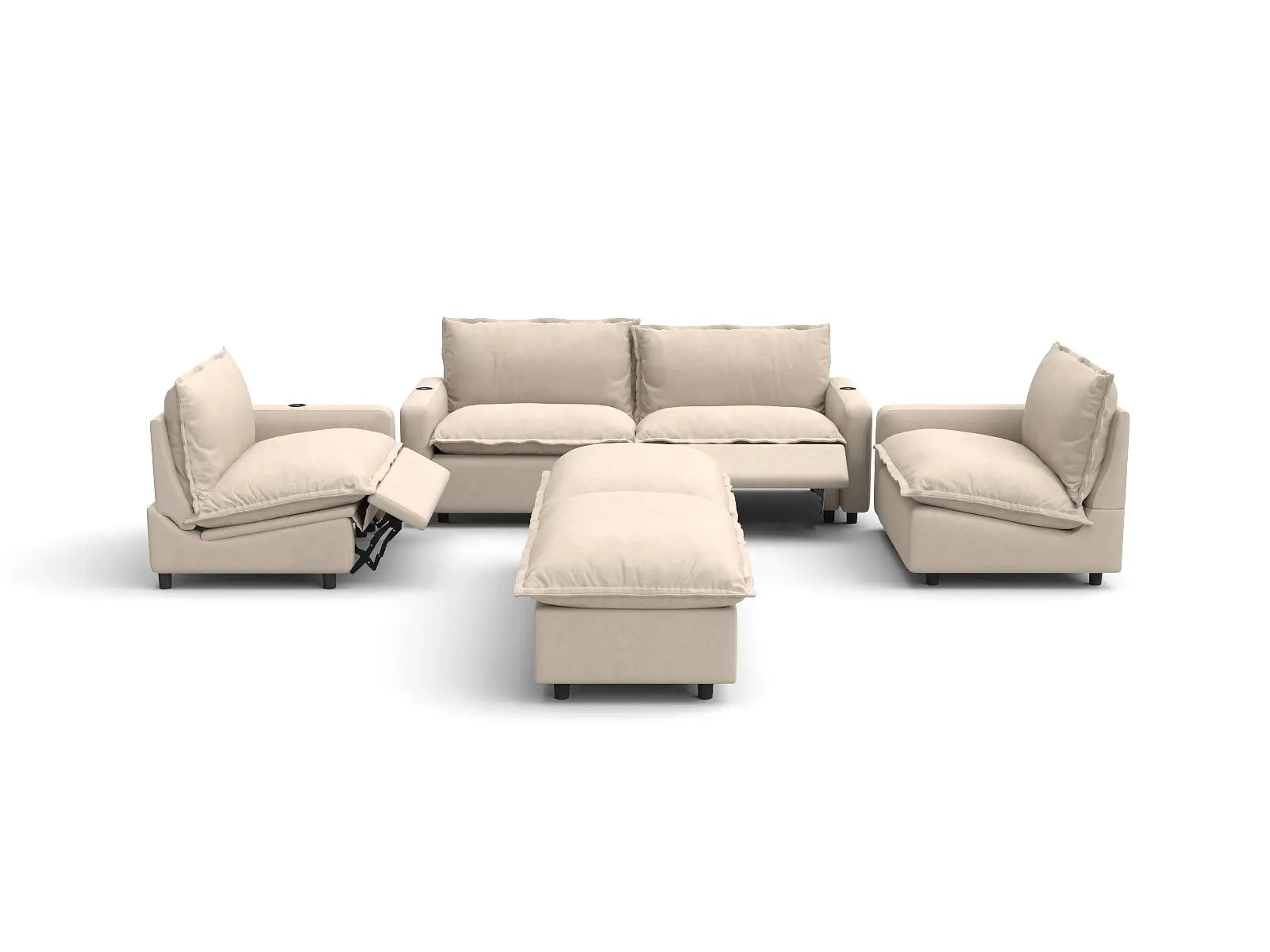 Modular Cero Reclining Sectional with Chaise | 6-Piece Beige Linen Large Space U-Shaped Sectionals 4-Seater with 2-Ottomans