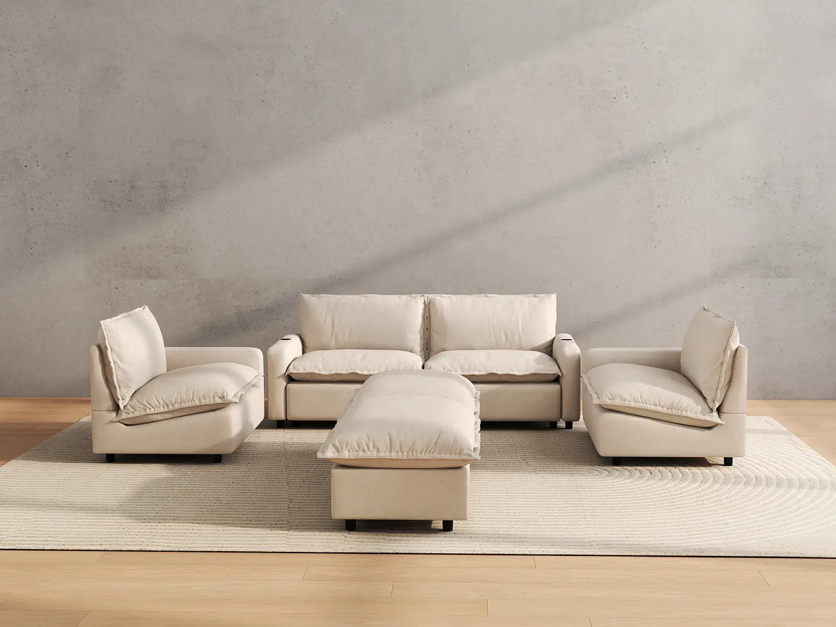 Modular Cero Reclining Sectionals | 6-Piece Beige Linen Large Space U-Shaped Sectionals 4-Seater with 2-Ottomans