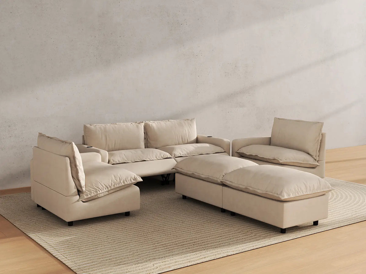 Modular Cero Reclining Sectionals | 6-Piece Beige Linen Large Space U-Shaped Sectionals 4-Seater with 2-Ottomans
