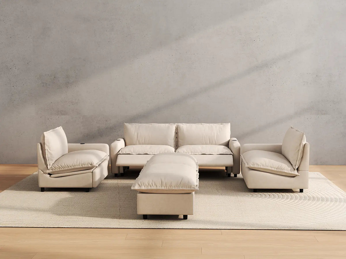 Modular Cero Reclining Sectionals | 6-Piece Beige Linen Large Space U-Shaped Sectionals 4-Seater with 2-Ottomans