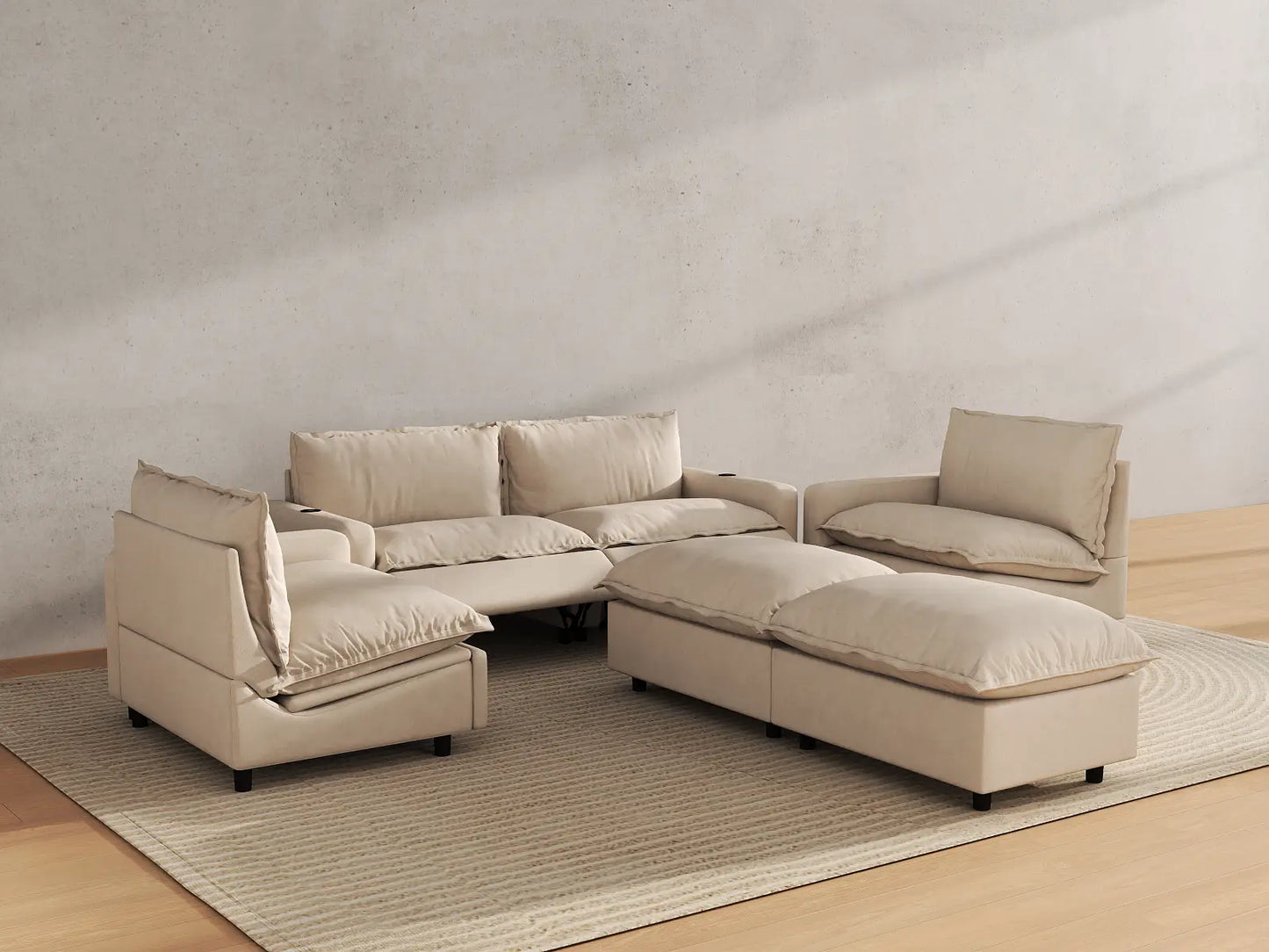 Modular Cero Reclining Sectionals | 6-Piece Beige Linen Large Space U-Shaped Sectionals 4-Seater with 2-Ottomans