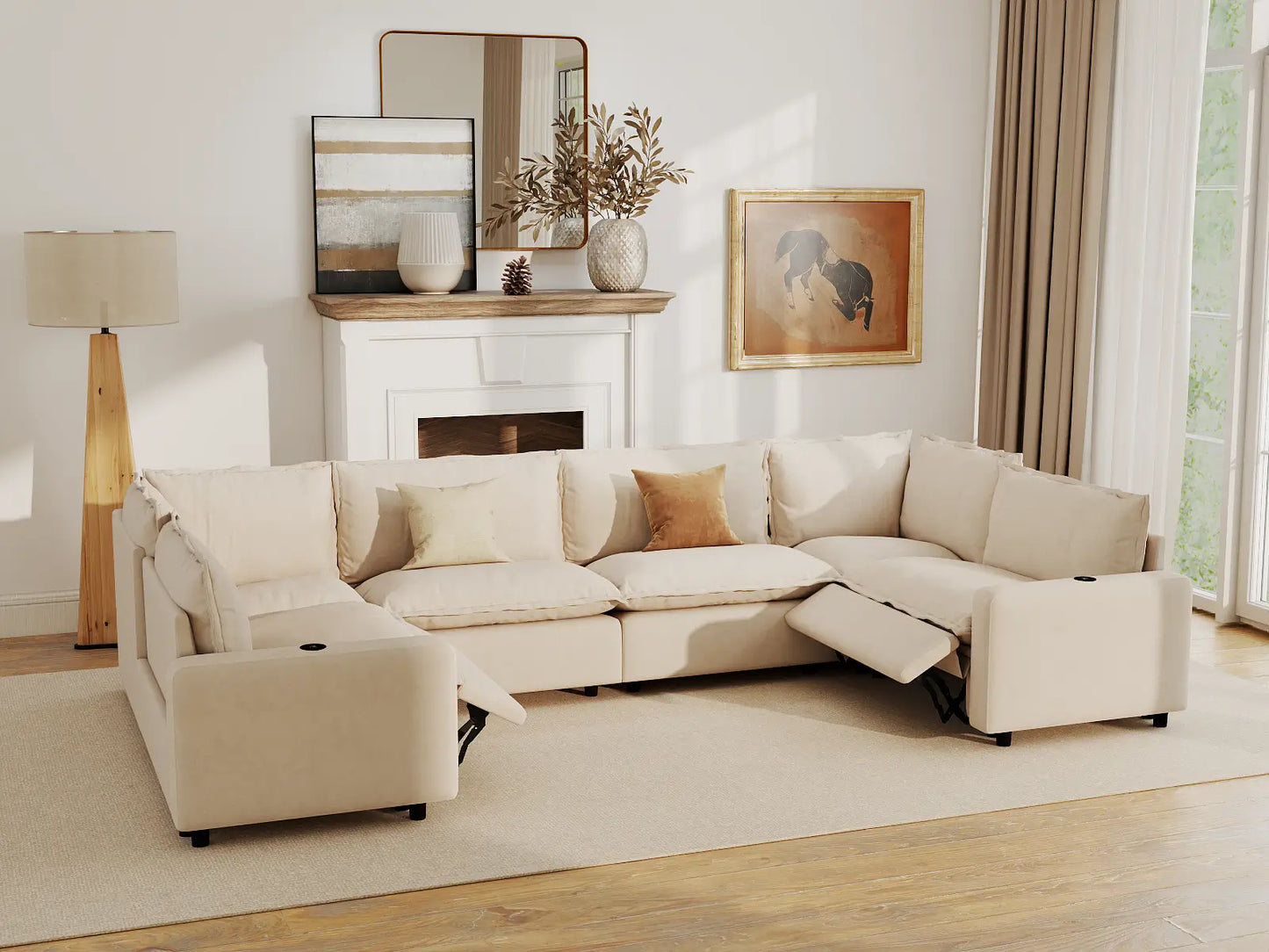 Modular Cero Reclining Sectionals | 6-Piece Beige Linen Large Space U-Shaped Sectionals 6-Seater