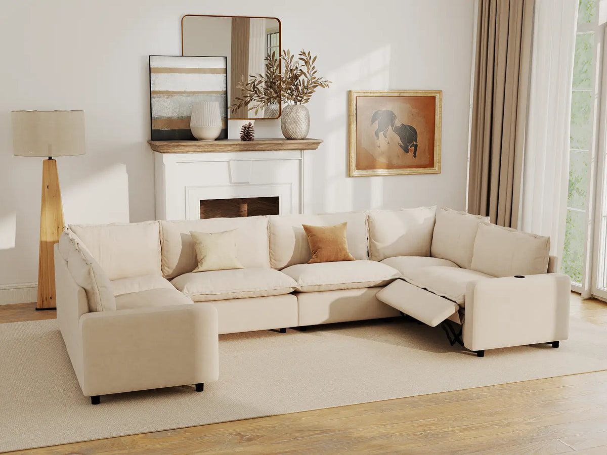 Modular Cero Reclining Sectionals | 6-Piece Beige Linen Large Space U-Shaped Sectionals 6-Seater
