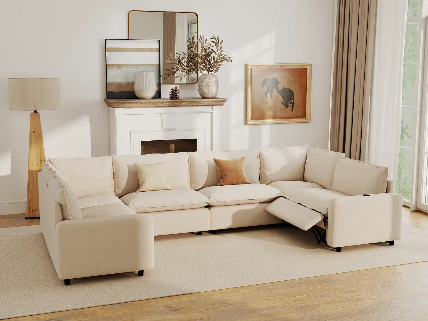 Modular Cero Reclining Sectionals | 6-Piece Beige Linen Large Space U-Shaped Sectionals 6-Seater