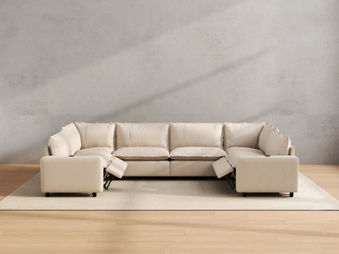 Modular Cero Reclining Sectionals | 6-Piece Beige Linen Large Space U-Shaped Sectionals 6-Seater