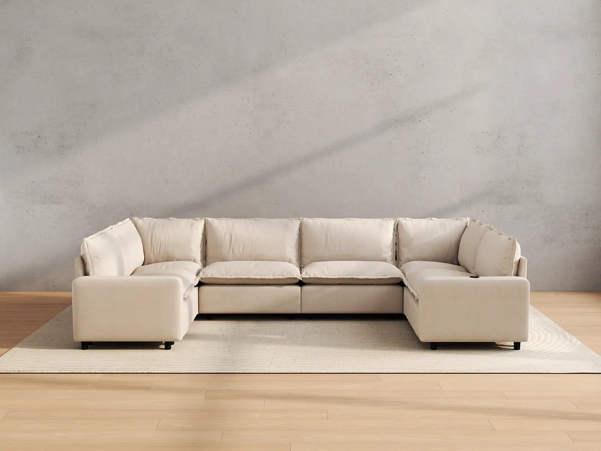 Modular Cero Reclining Sectionals | 6-Piece Beige Linen Large Space U-Shaped Sectionals 6-Seater