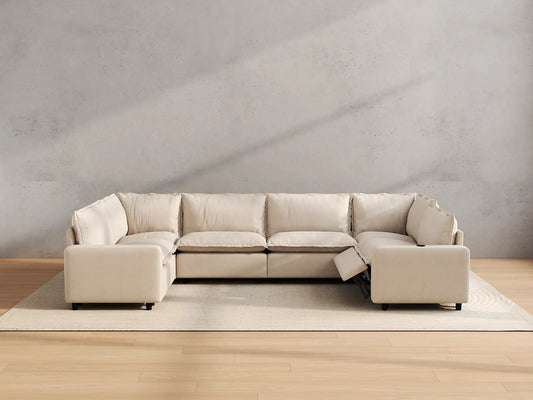 Modular Cero Reclining Sectionals | 6-Piece Beige Linen Large Space U-Shaped Sectionals 6-Seater