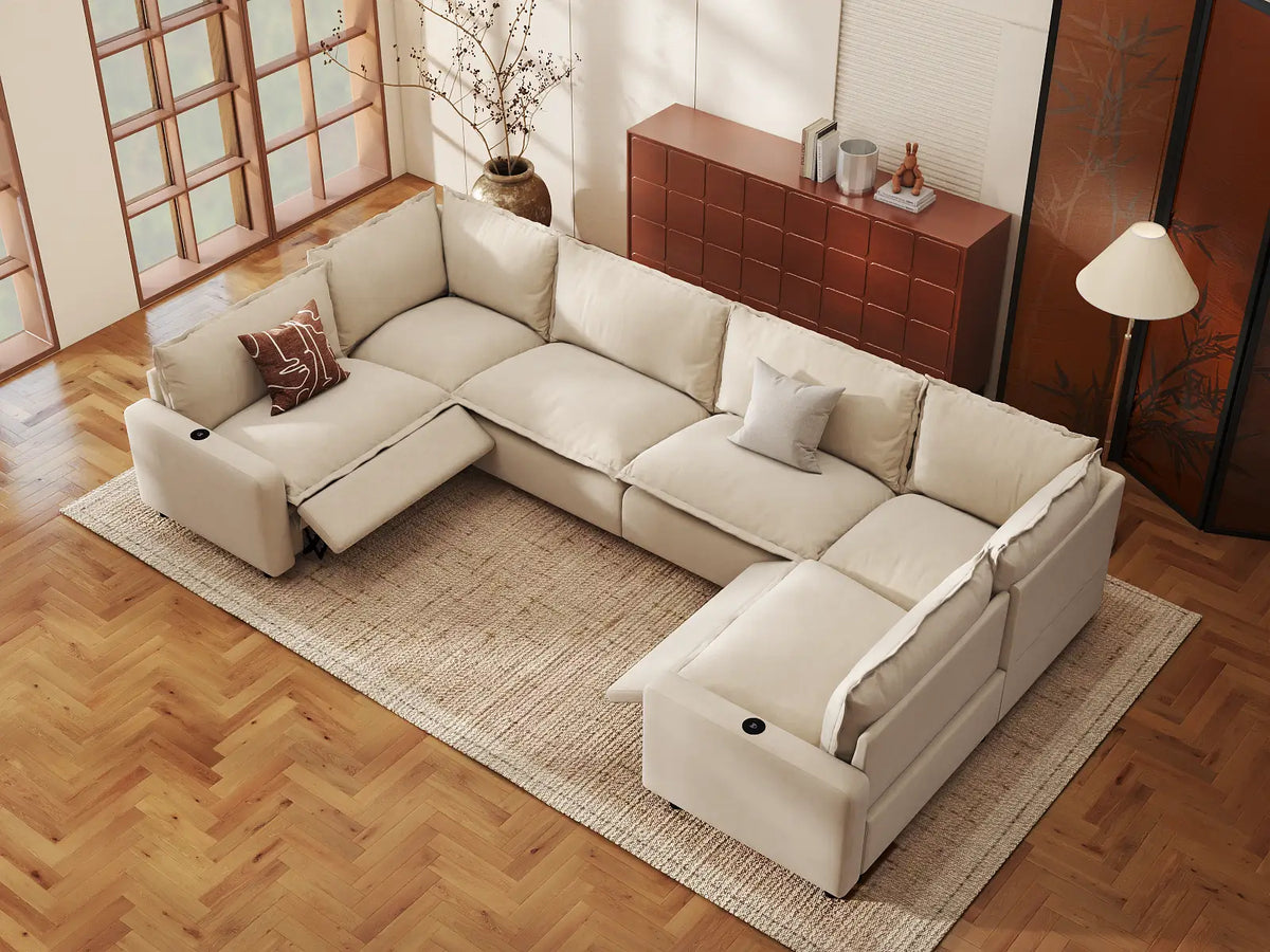 Modular Cero Reclining Sectionals | 6-Piece Beige Linen Large Space U-Shaped Sectionals 6-Seater