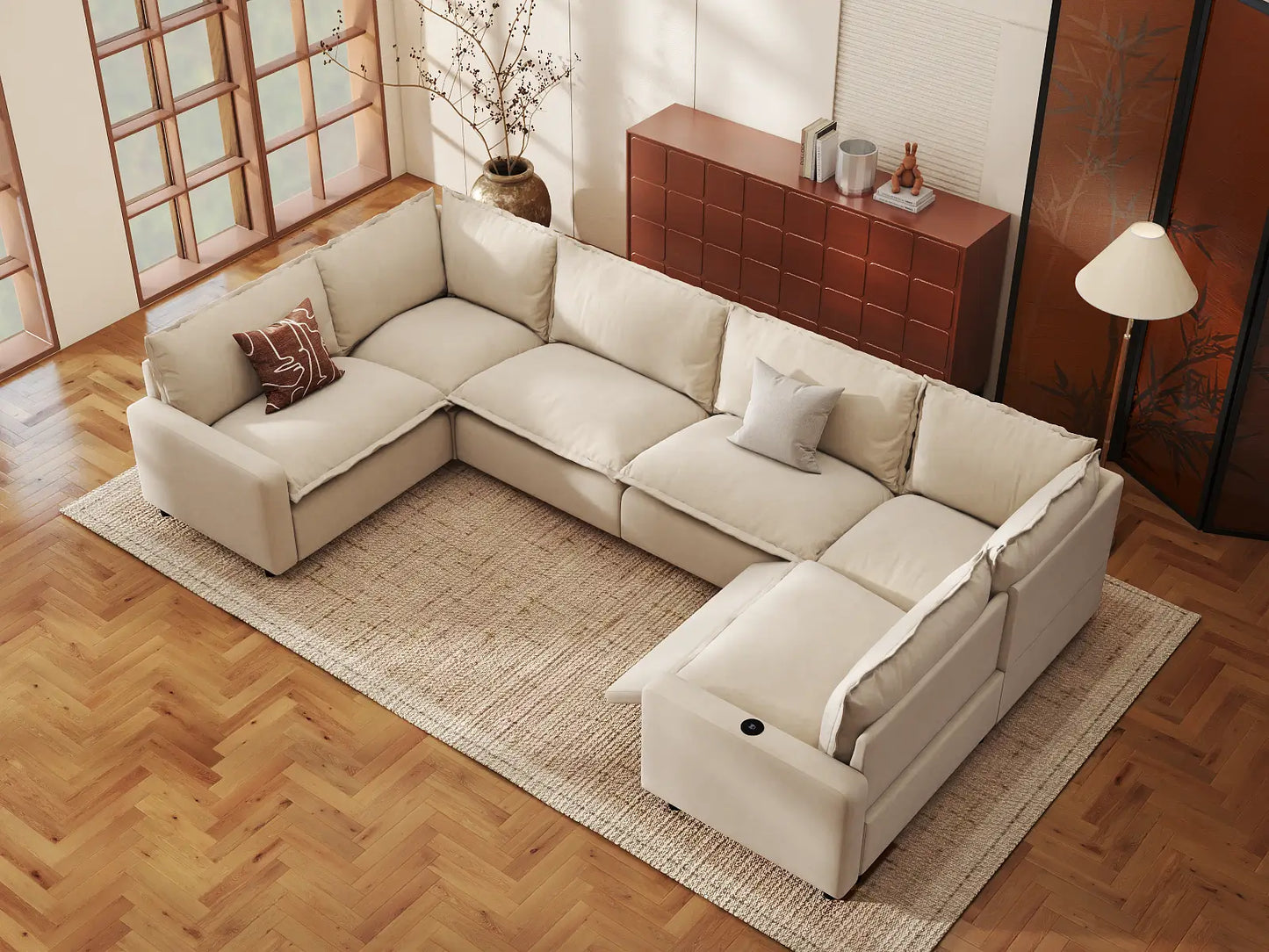 Modular Cero Reclining Sectionals | 6-Piece Beige Linen Large Space U-Shaped Sectionals 6-Seater
