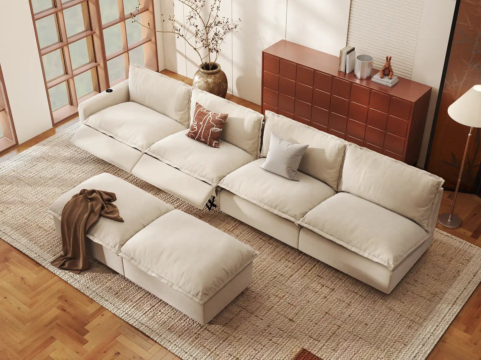 Modular Cero Recliner Sofa Set | 6-Piece Beige Linen Open Plan Sofa Sets 4-Seater with 2-Ottomans