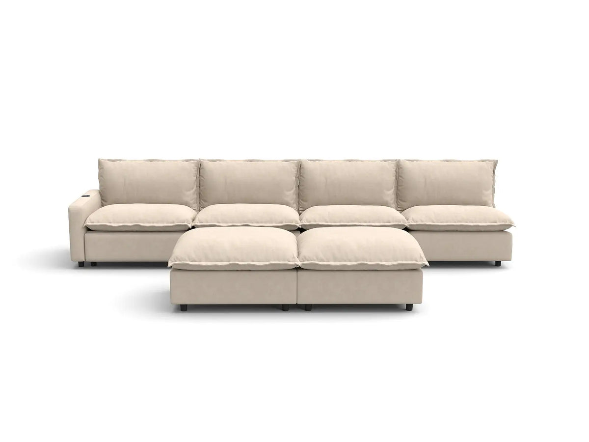Modular Cero Reclining Sectionals | 6-Piece Beige Linen Open Plan Sofa Sets 4-Seater with 2-Ottomans