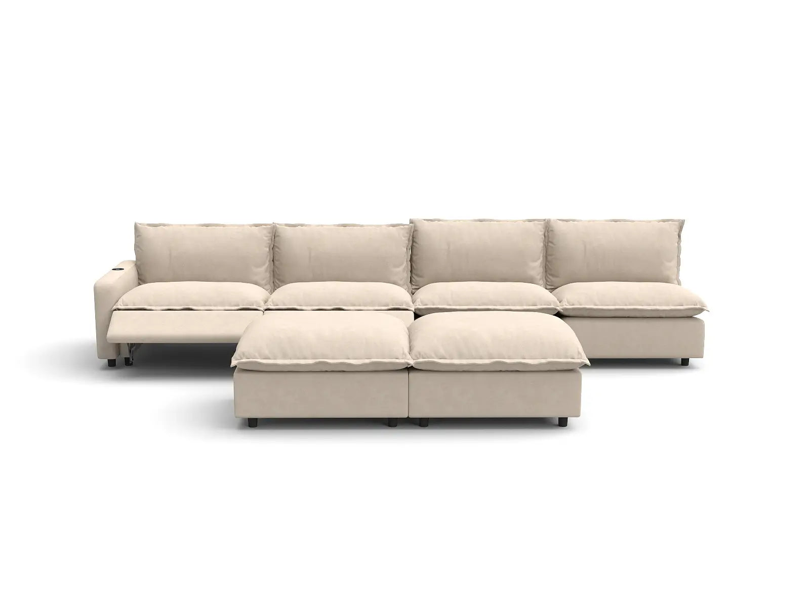 Modular Cero Recliner Sofa Set | 6-Piece Beige Linen Open Plan Sofa Sets 4-Seater with 2-Ottomans