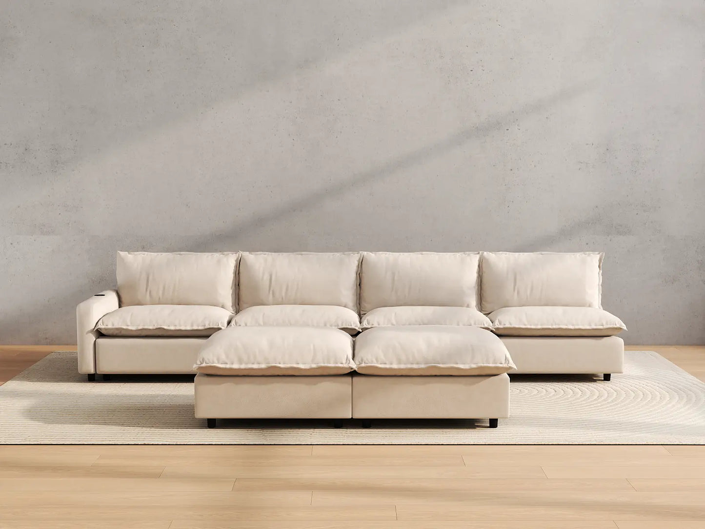 Modular Cero Reclining Sectionals | 6-Piece Beige Linen Open Plan Sofa Sets 4-Seater with 2-Ottomans