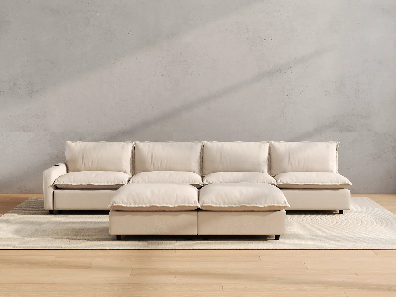 Modular Cero Recliner Sofa Set | 6-Piece Beige Linen Open Plan Sofa Sets 4-Seater with 2-Ottomans