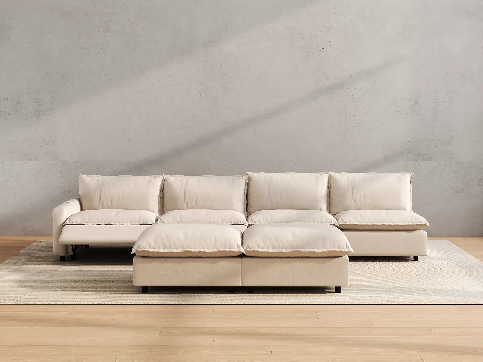 Modular Cero Recliner Sofa Set | 6-Piece Beige Linen Open Plan Sofa Sets 4-Seater with 2-Ottomans