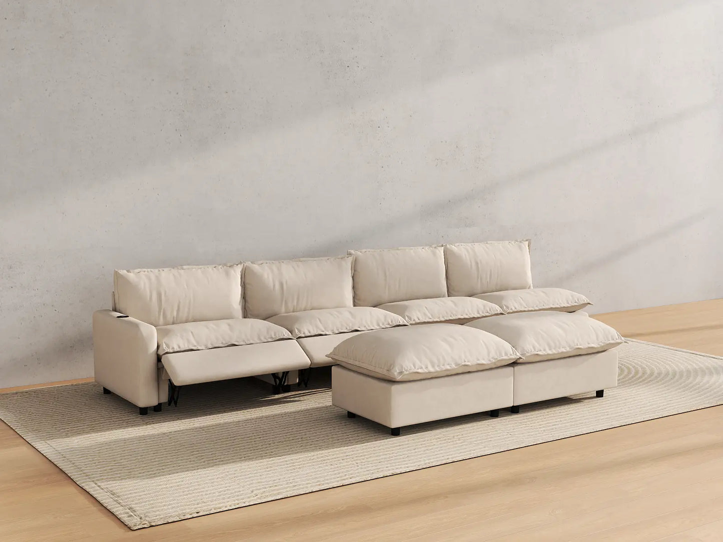 Modular Cero Reclining Sectionals | 6-Piece Beige Linen Open Plan Sofa Sets 4-Seater with 2-Ottomans