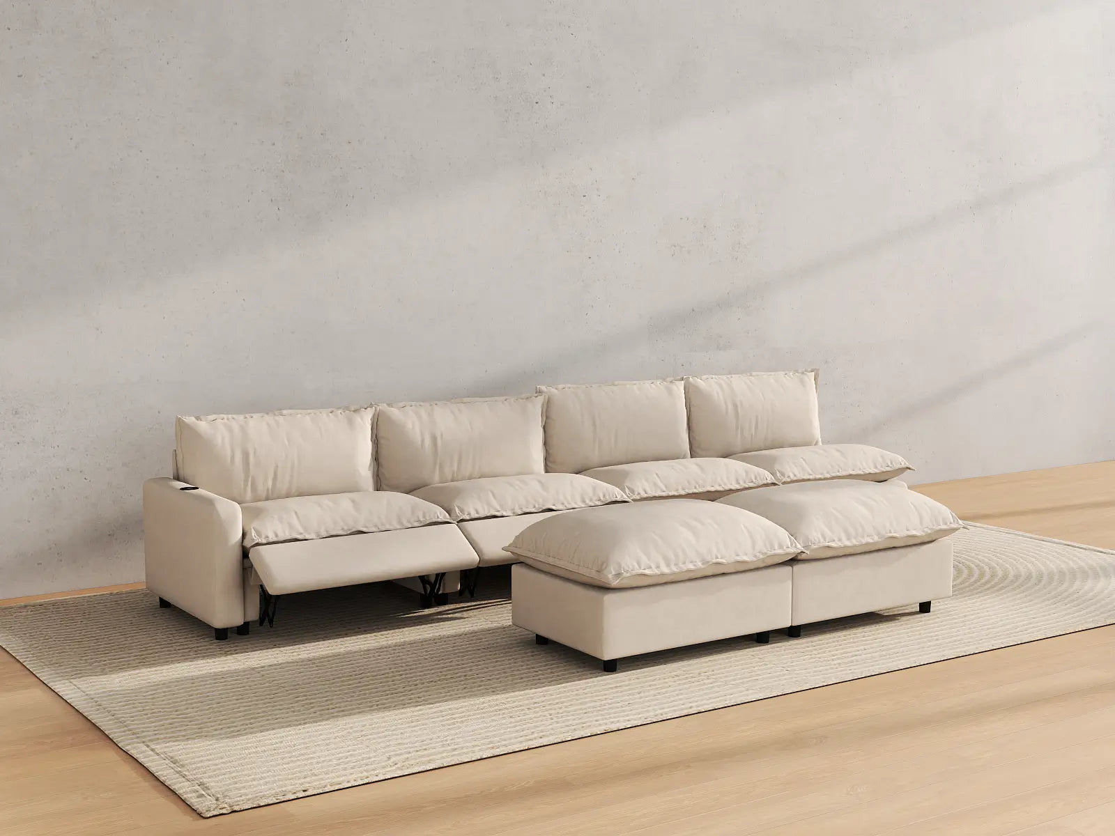 Modular Cero Recliner Sofa Set | 6-Piece Beige Linen Open Plan Sofa Sets 4-Seater with 2-Ottomans