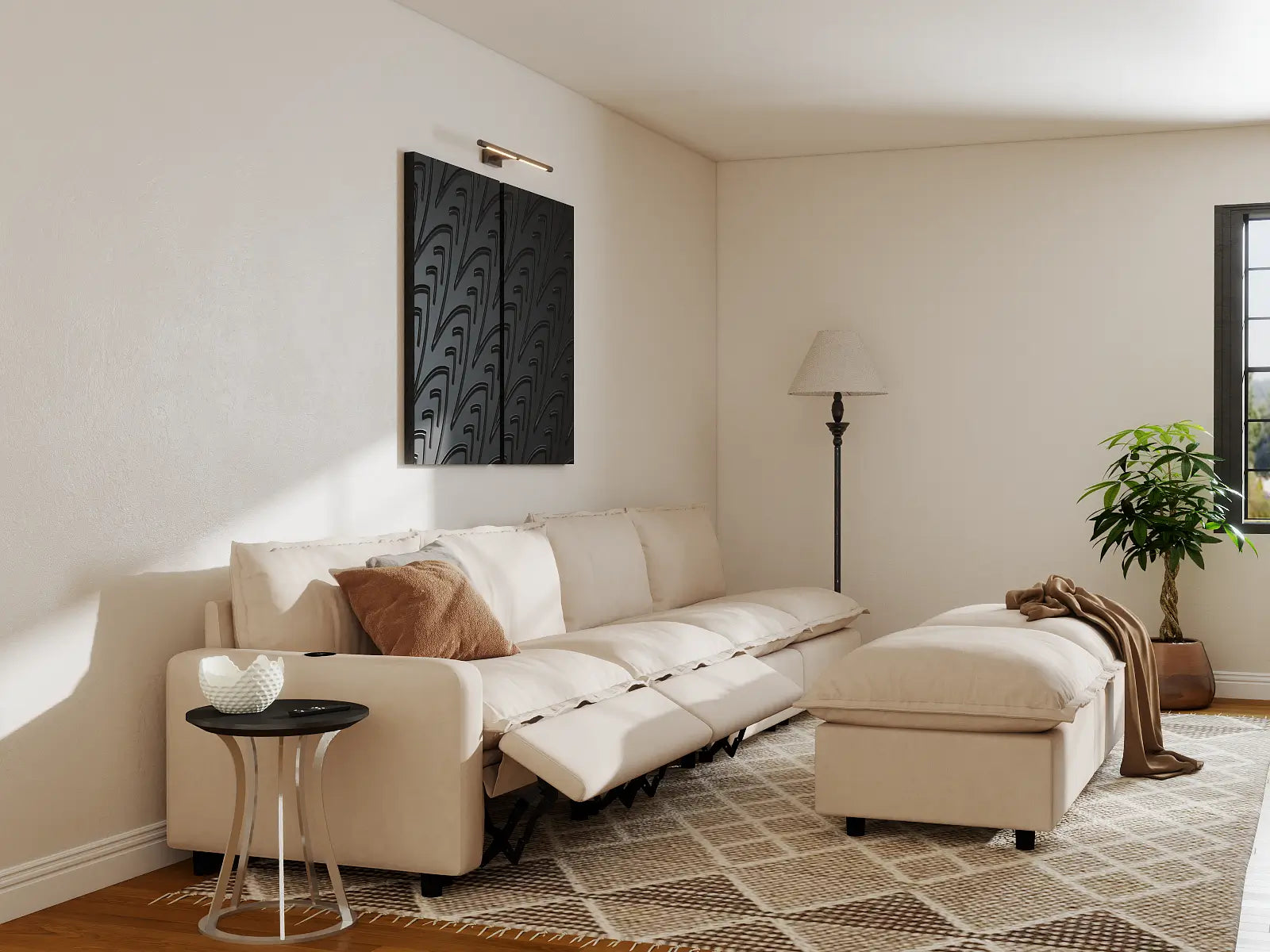 Modular Cero Recliner Sofa Set | 6-Piece Beige Linen Open Plan Sofa Sets 4-Seater with 2-Ottomans