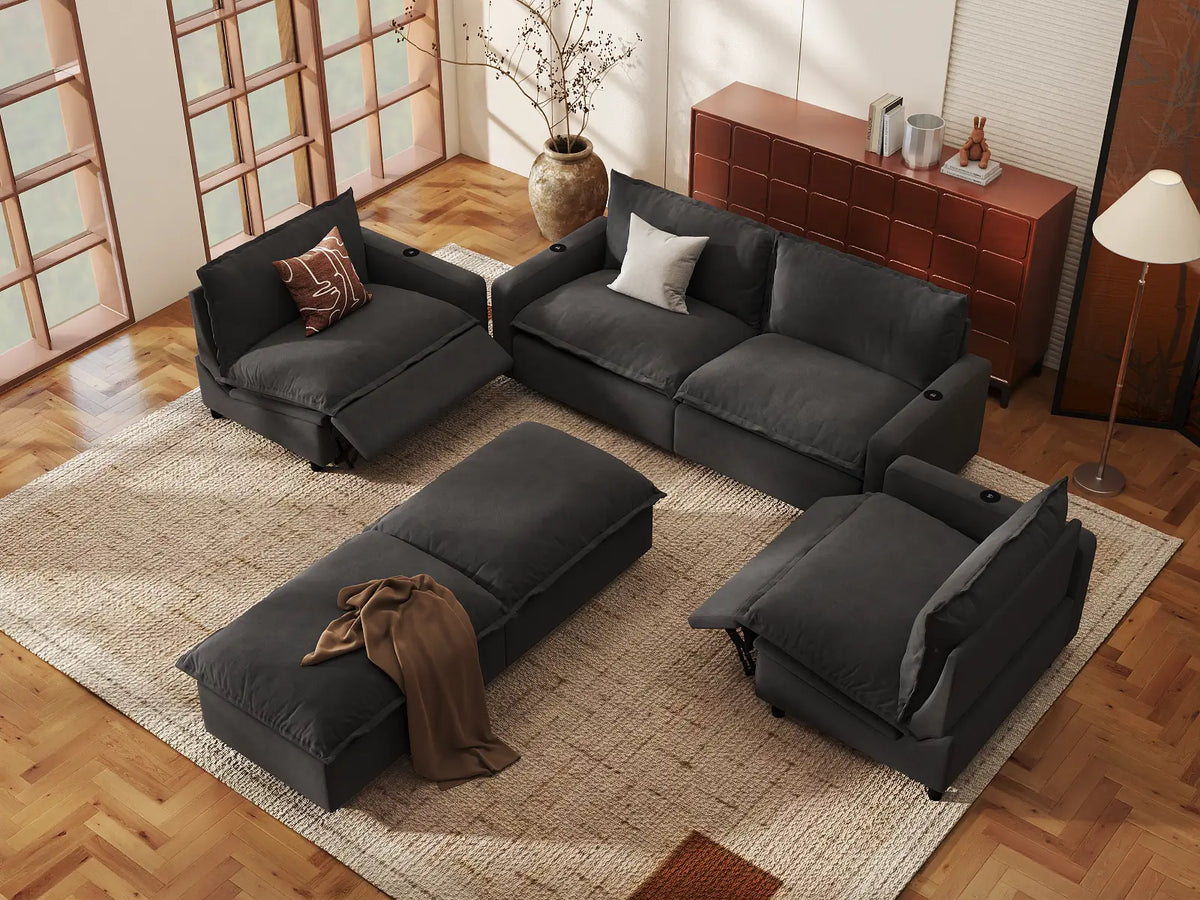 Modular Cero Reclining Sectionals | 6-Piece Grey Linen Grand Estate U-Shaped Sectionals 4-Seater with 2-Ottomans