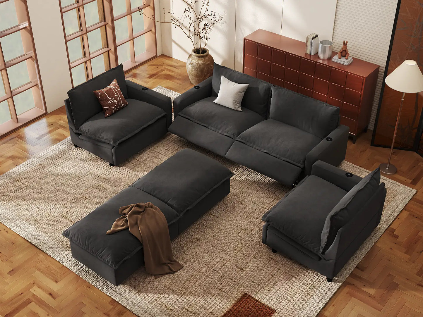 Modular Cero Reclining Sectionals | 6-Piece Grey Linen Grand Estate U-Shaped Sectionals 4-Seater with 2-Ottomans