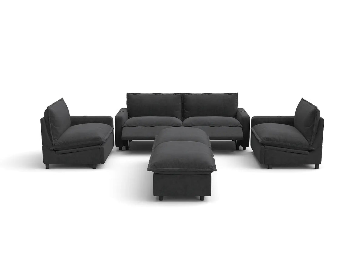 Modular Cero Reclining Sectionals | 6-Piece Grey Linen Grand Estate U-Shaped Sectionals 4-Seater with 2-Ottomans