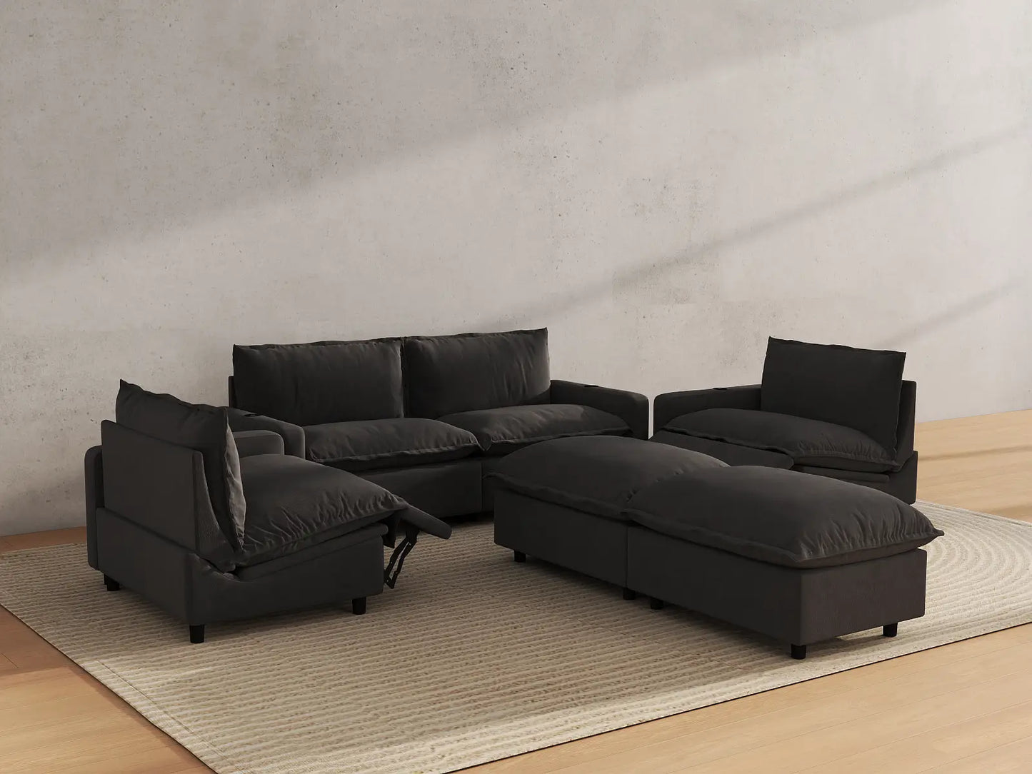 Modular Cero Reclining Sectionals | 6-Piece Grey Linen Grand Estate U-Shaped Sectionals 4-Seater with 2-Ottomans