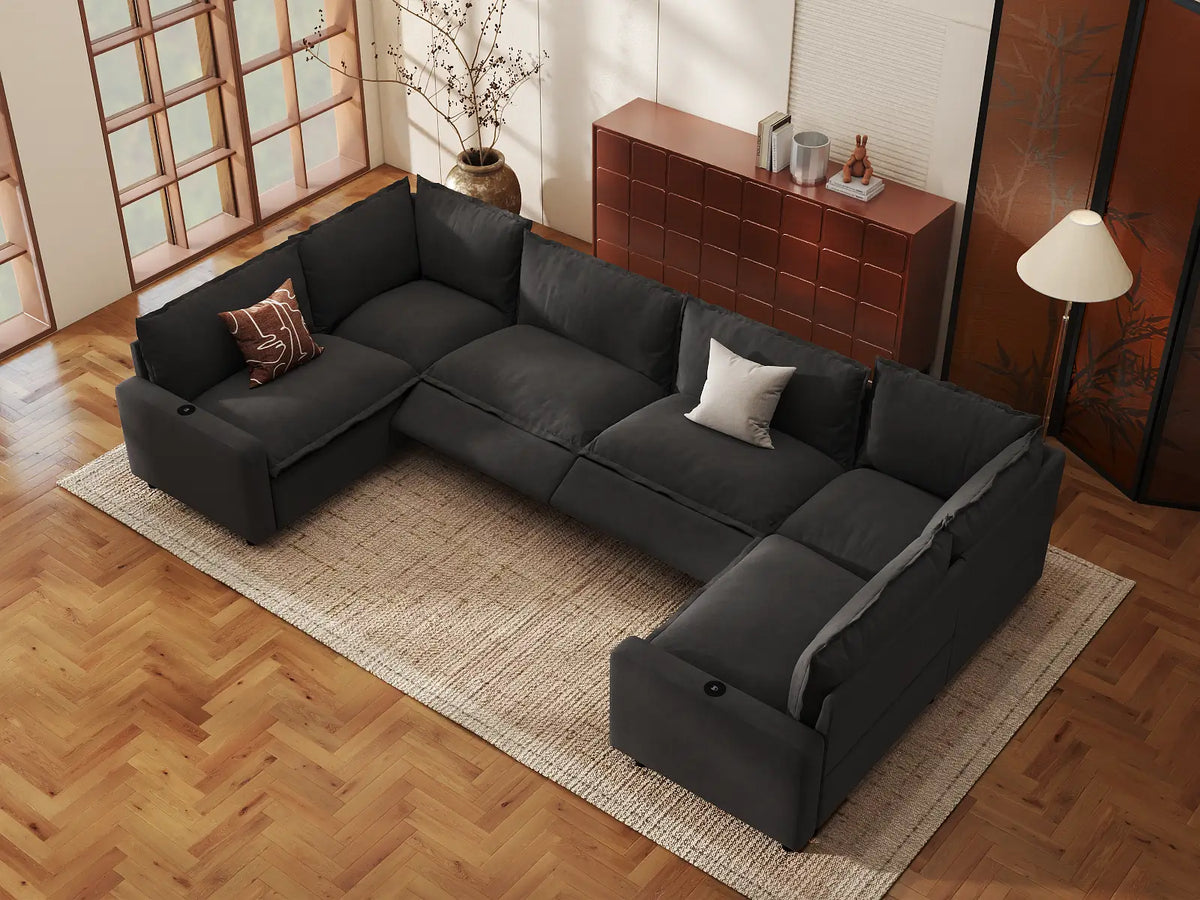 Modular Cero Reclining Sectionals | 6-Piece Grey Linen Grand Estate U-Shaped Sectionals 6-Seater