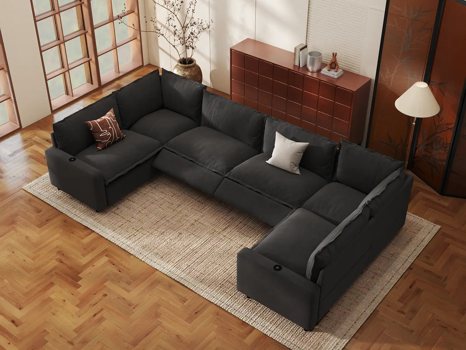 Modular Cero Sectional Couch and Recliner | 6-Piece Grey Linen Grand Estate U-Shaped Sectionals 6-Seater