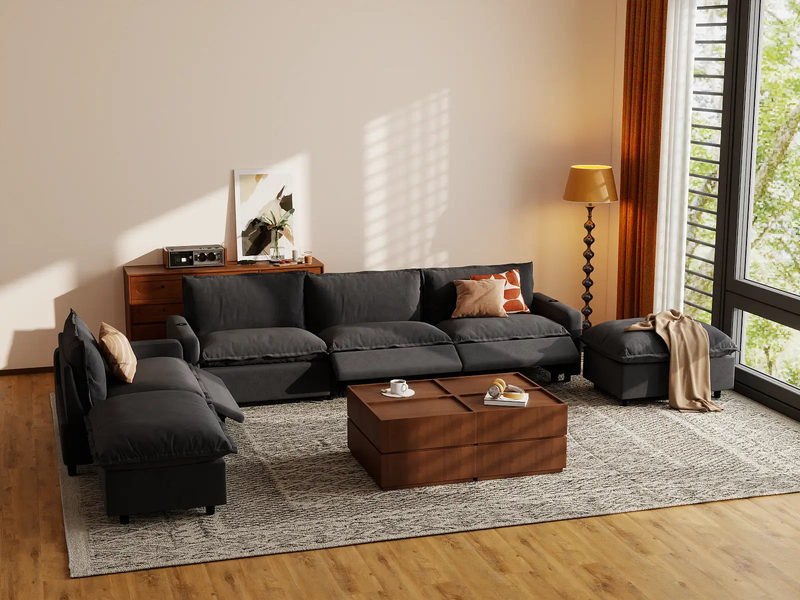 Modular Cero Sectional Sofa with Chaise and Recliner | 6-Piece Grey Linen Large Space Corner Sectionals 4-Seater with 2-Ottomans
