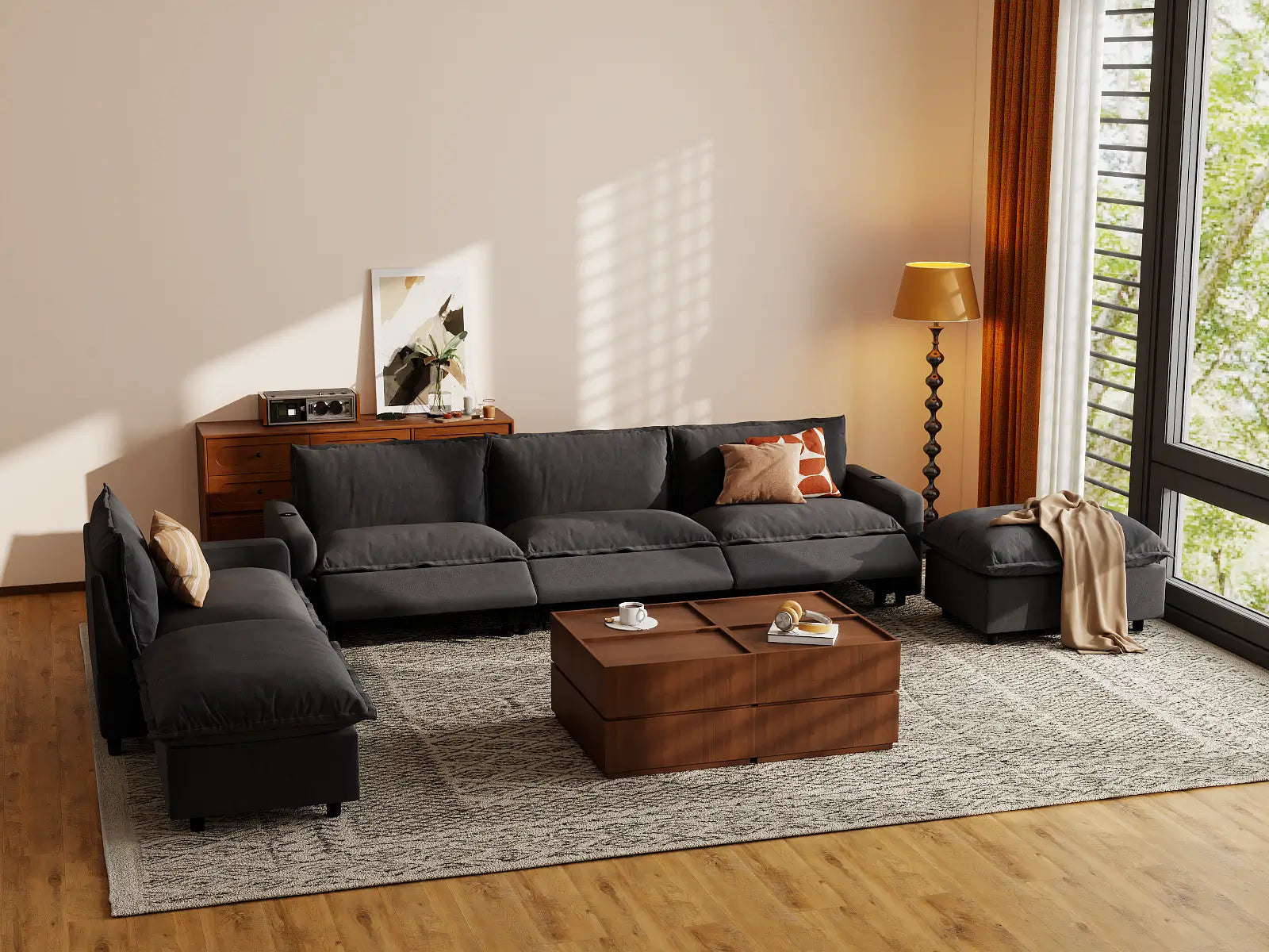 Modular Cero Sectional Sofa with Chaise and Recliner | 6-Piece Grey Linen Large Space Corner Sectionals 4-Seater with 2-Ottomans