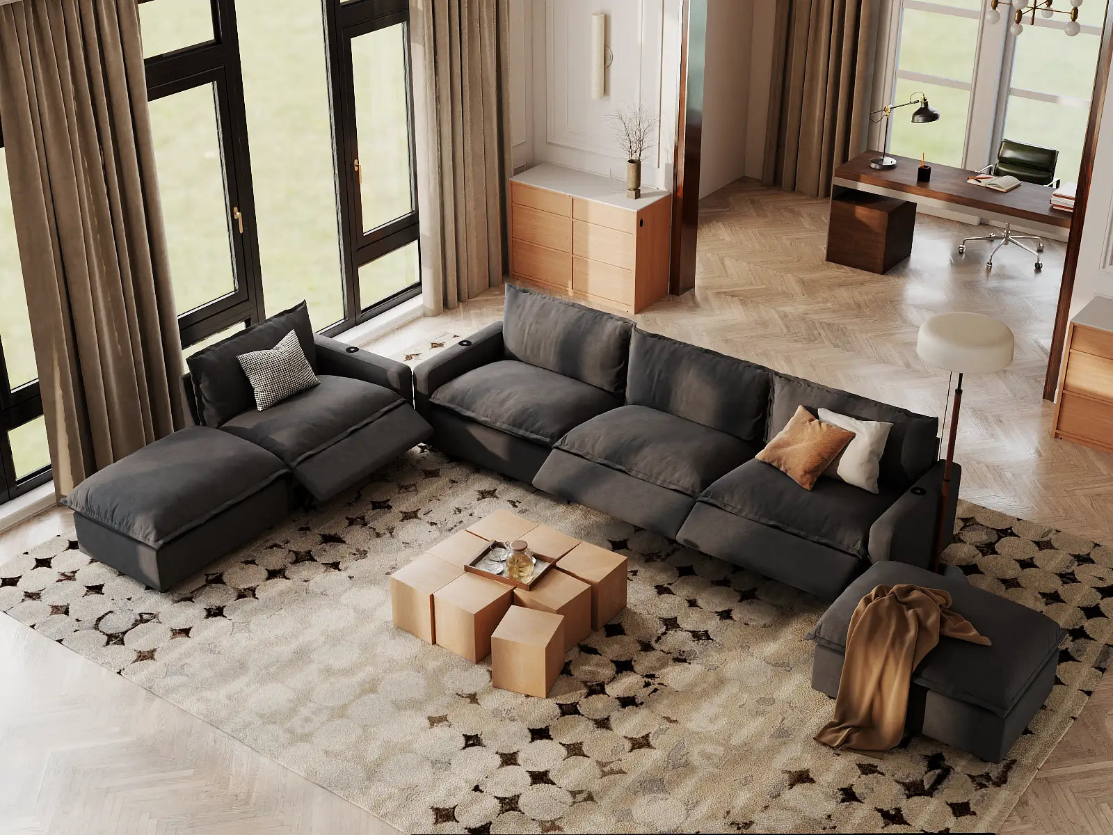 Modular Cero Sectional Sofa with Chaise and Recliner | 6-Piece Grey Linen Large Space Corner Sectionals 4-Seater with 2-Ottomans