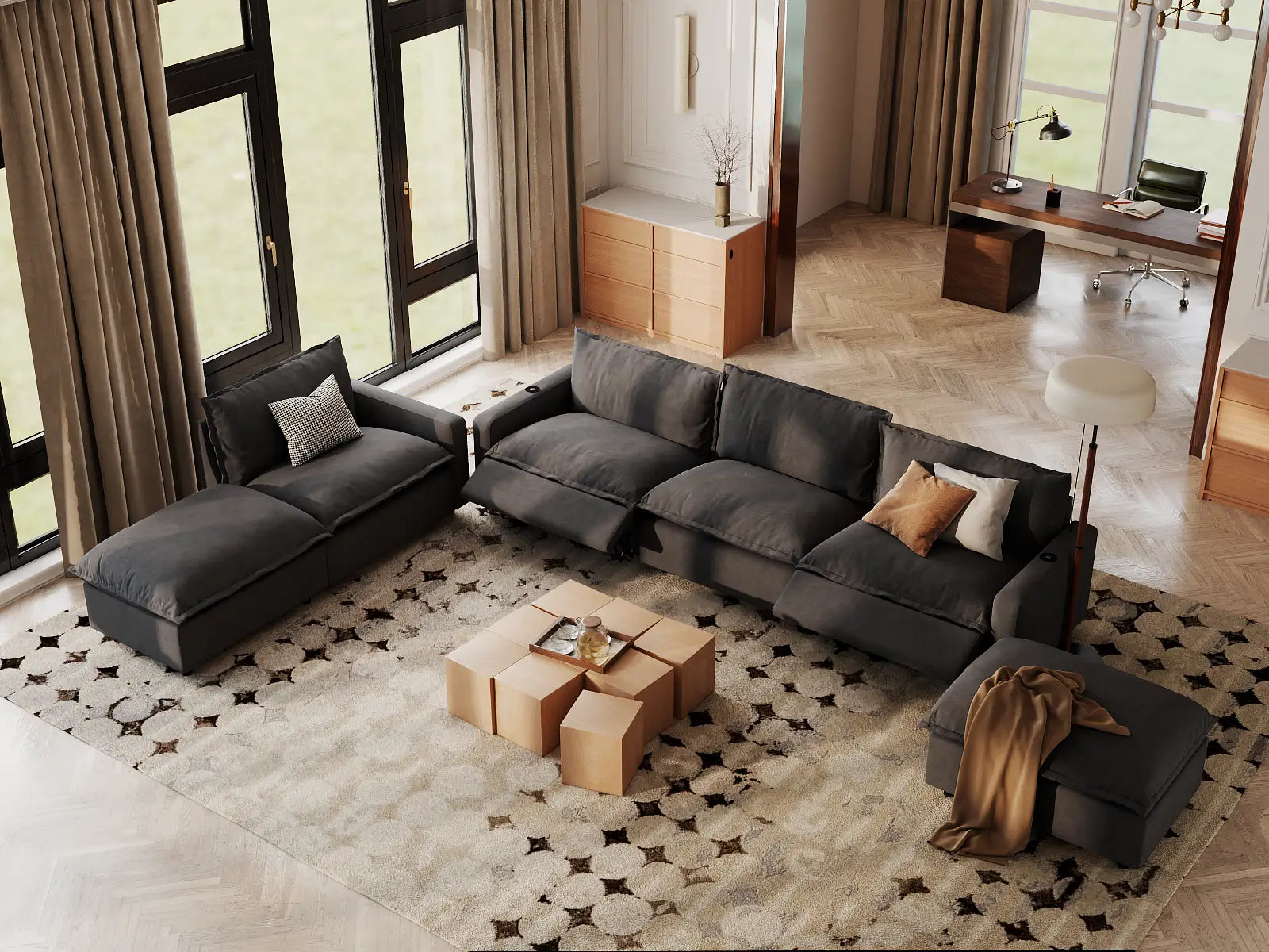 Modular Cero Reclining Corner Sectional | 6-Piece Grey Linen Large Space Corner Sectionals 4-Seater with 2-Ottomans