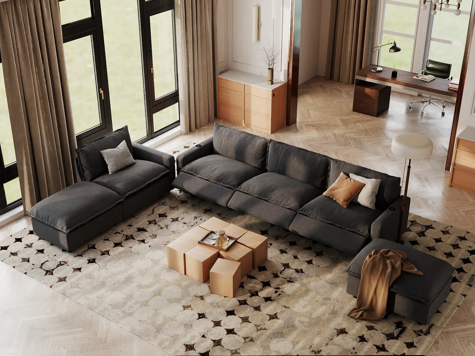 Modular Cero Sectional with Chaise and Recliner | 6-Piece Grey Linen Large Space Corner Sectionals 4-Seater with 2-Ottomans