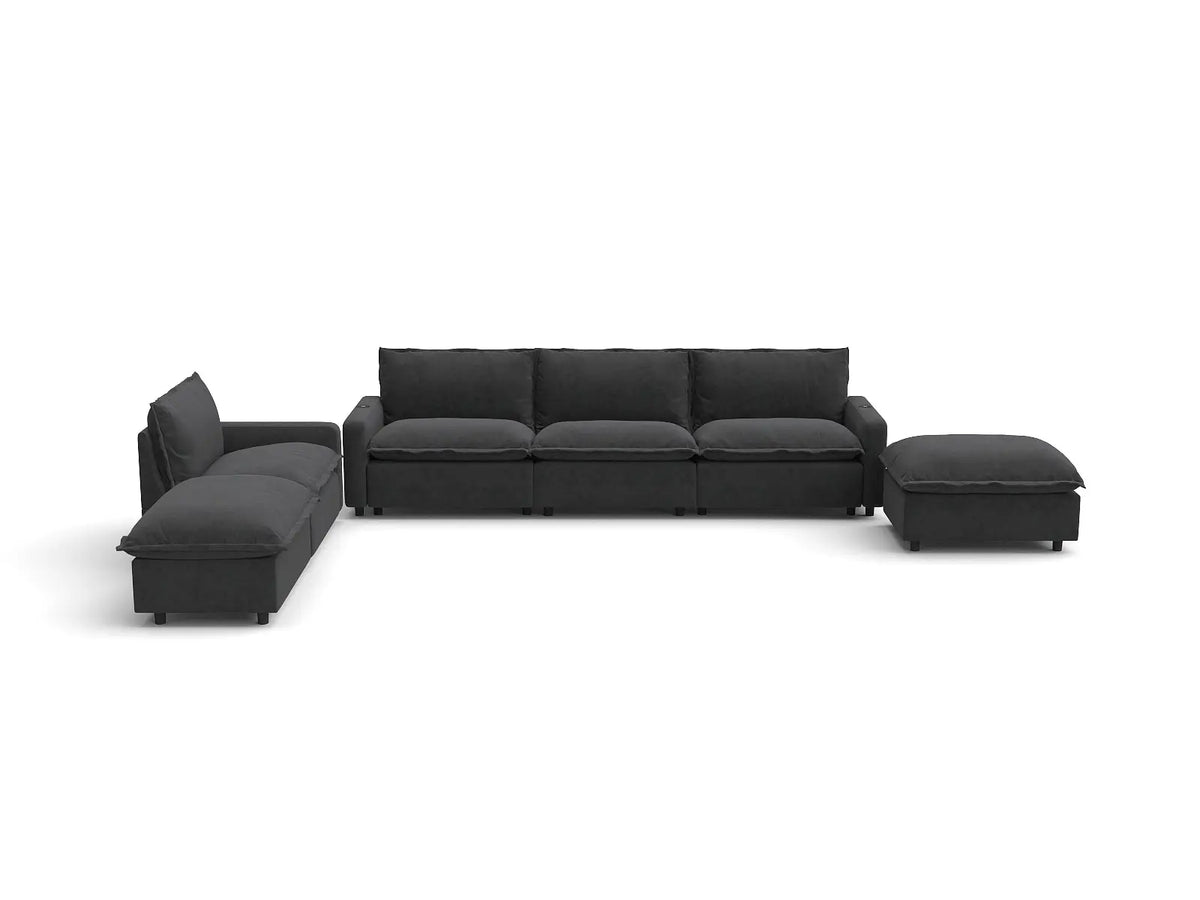 Modular Cero Reclining Sectionals | 6-Piece Grey Linen Large Space Corner Sectionals 4-Seater with 2-Ottomans