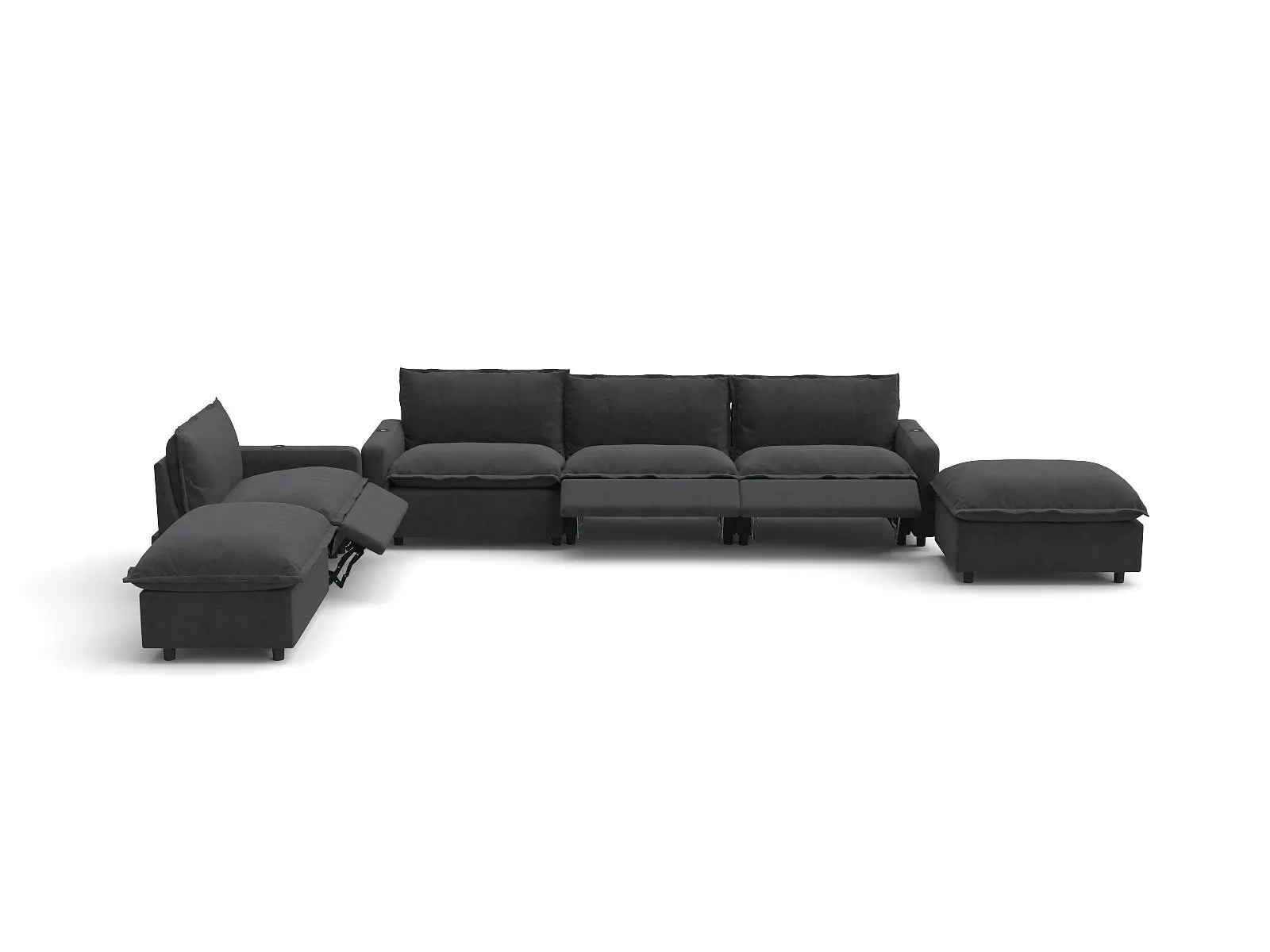 Modular Cero Sectional Sofa with Chaise and Recliner | 6-Piece Grey Linen Large Space Corner Sectionals 4-Seater with 2-Ottomans