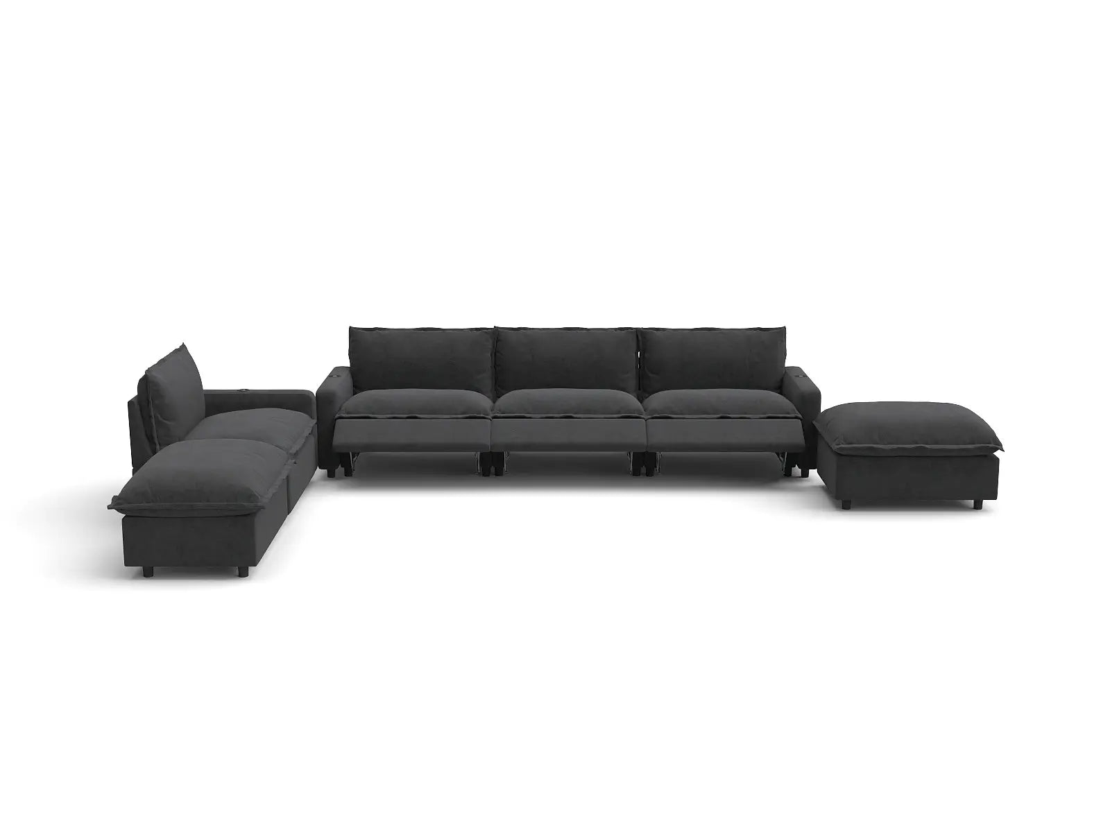 Modular Cero Sectional Sofa with Chaise and Recliner | 6-Piece Grey Linen Large Space Corner Sectionals 4-Seater with 2-Ottomans