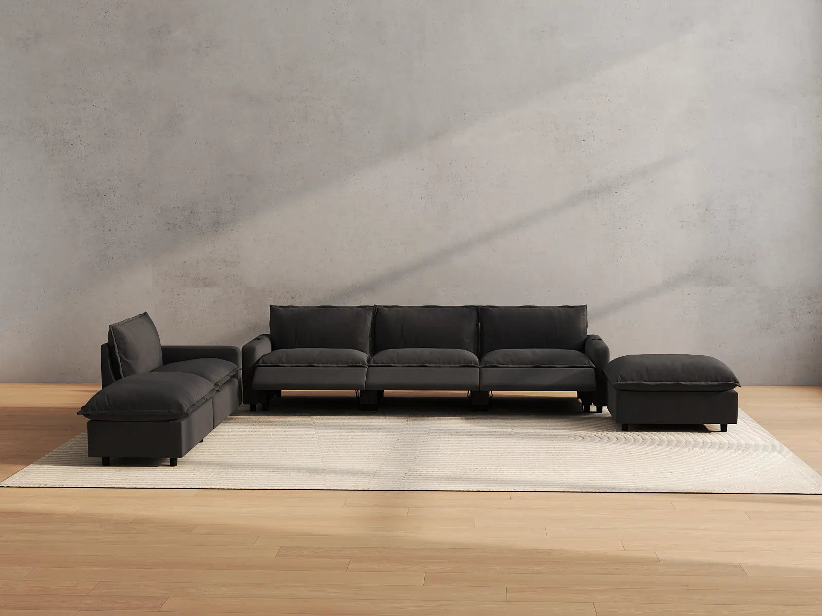 Modular Cero Sectional with Chaise and Recliner | 6-Piece Grey Linen Large Space Corner Sectionals 4-Seater with 2-Ottomans