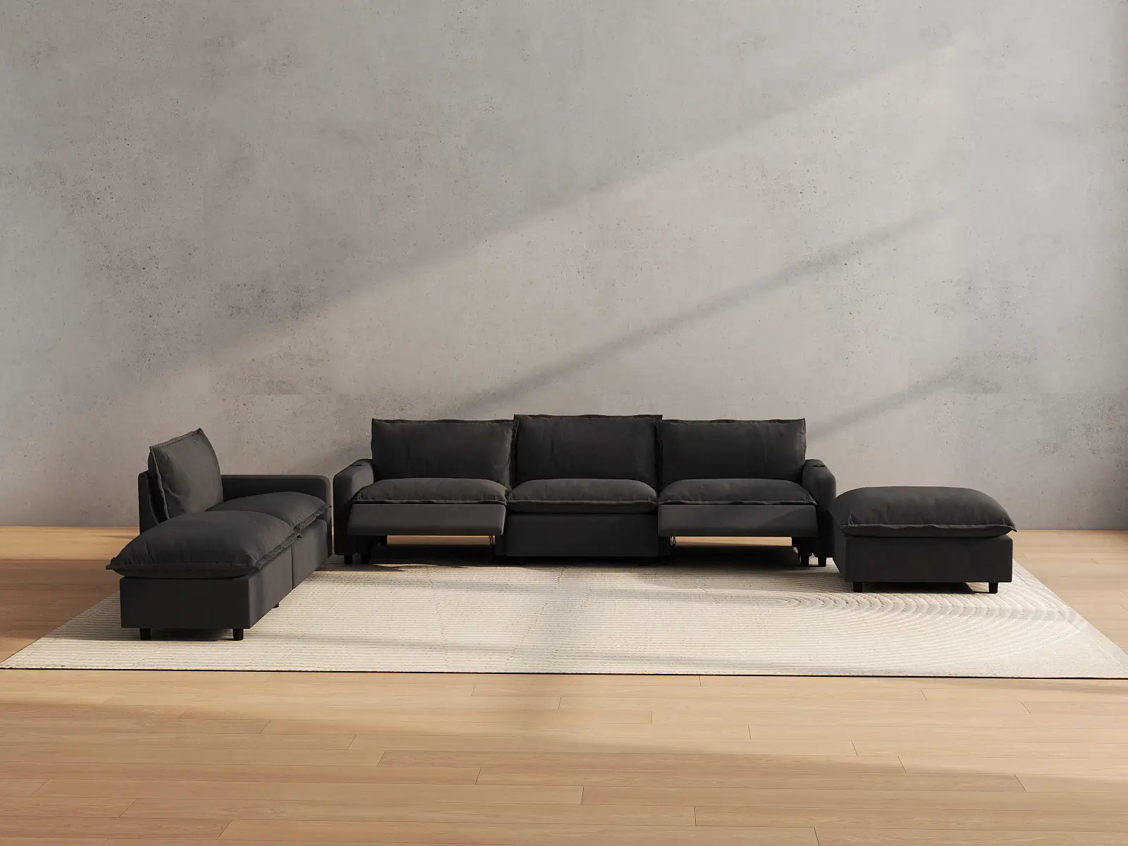 Modular Cero Reclining Corner Sectional | 6-Piece Grey Linen Large Space Corner Sectionals 4-Seater with 2-Ottomans