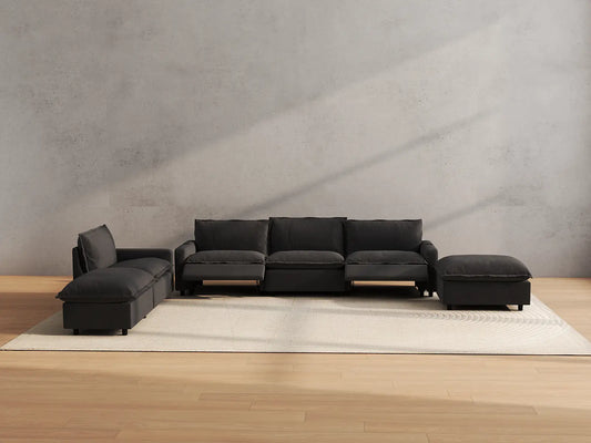 Modular Cero Reclining Sectionals | 6-Piece Grey Linen Large Space Corner Sectionals 4-Seater with 2-Ottomans