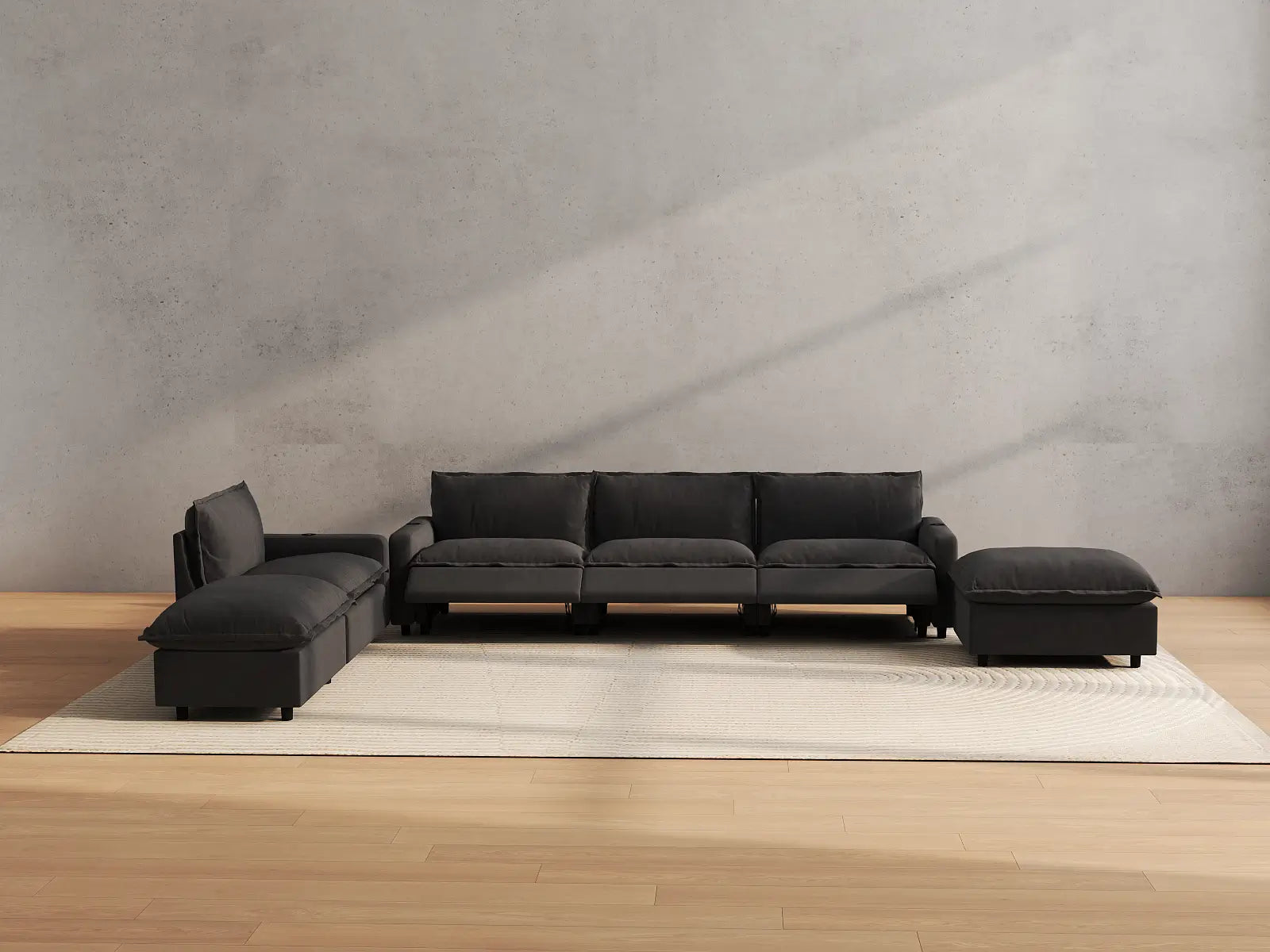 Modular Cero Sectional Sofa with Chaise and Recliner | 6-Piece Grey Linen Large Space Corner Sectionals 4-Seater with 2-Ottomans