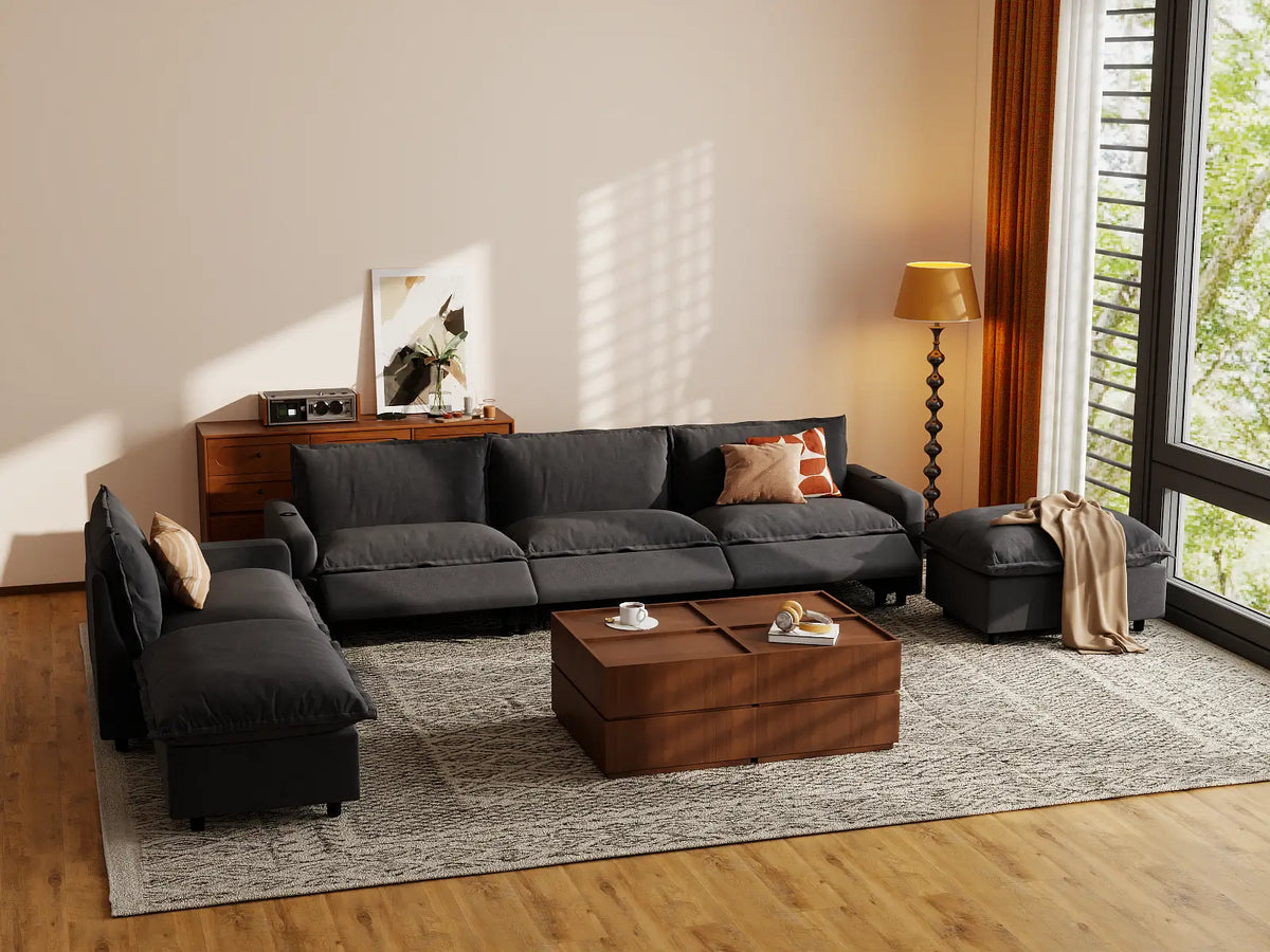 Modular Cero Reclining Sectionals | 6-Piece Grey Linen Large Space Corner Sectionals 4-Seater with 2-Ottomans