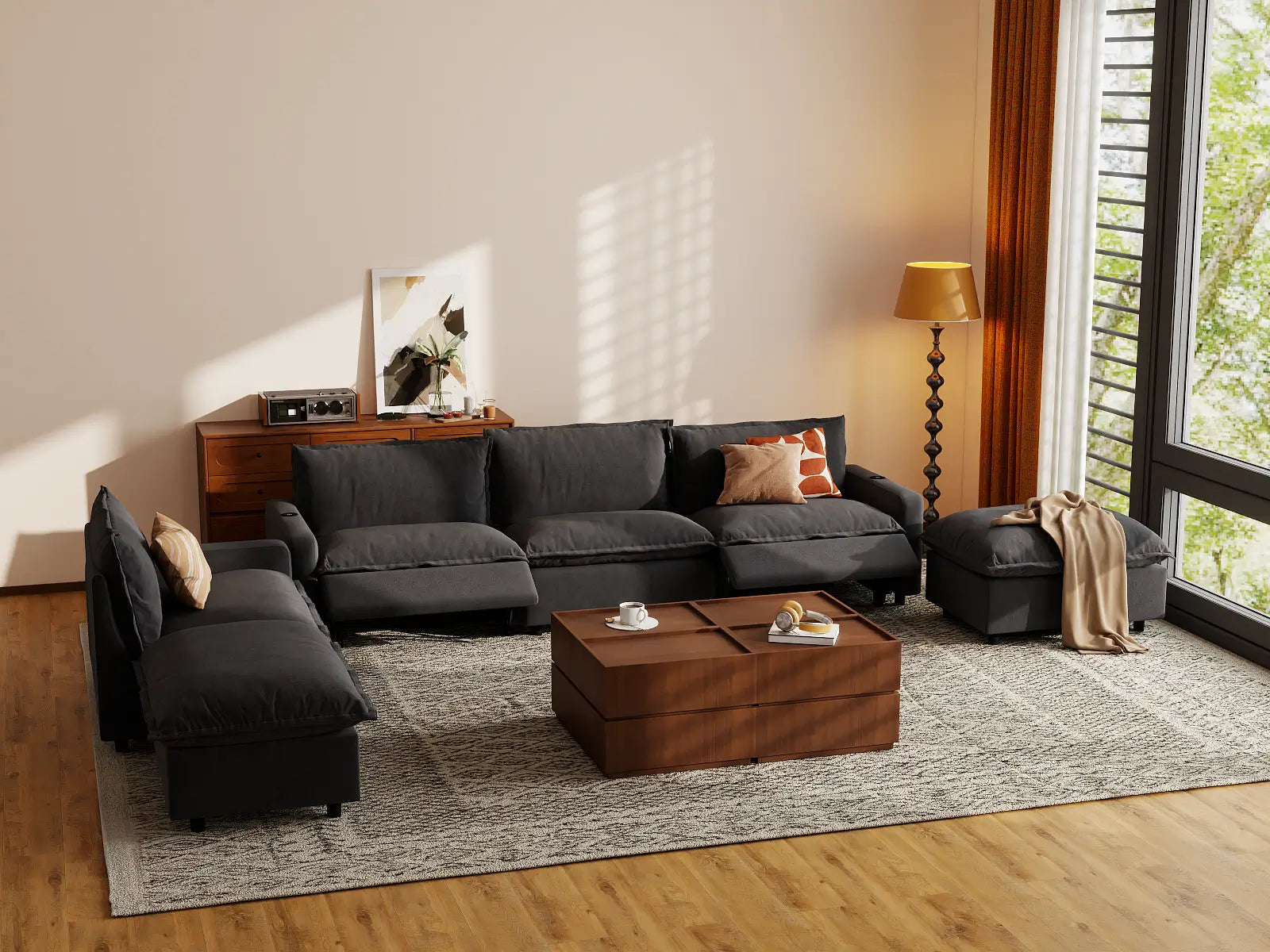 Modular Cero Reclining Corner Sectional | 6-Piece Grey Linen Large Space Corner Sectionals 4-Seater with 2-Ottomans