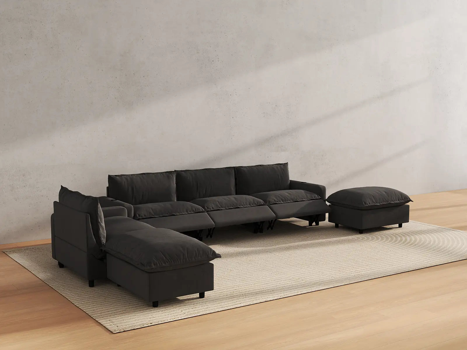 Modular Cero Sectional Sofa with Chaise and Recliner | 6-Piece Grey Linen Large Space Corner Sectionals 4-Seater with 2-Ottomans